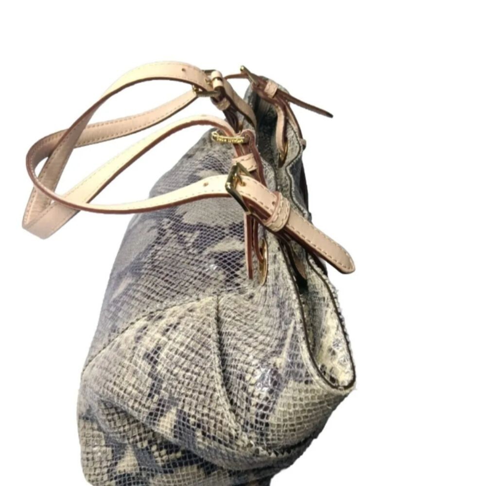 Michael Kors North South Tote Python Embossed Beige~Black Leather Handbag - Picture 6 of 13